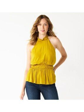 Nine West Mustard Yellow Sleeveless Pleated Peplum Top